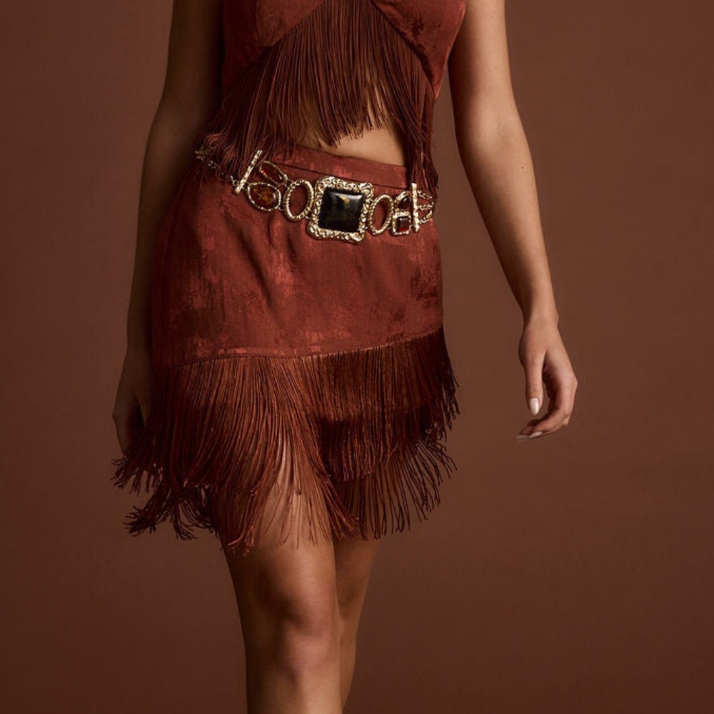 12th Tribe Tamsin Terracotta Jacquard Fringe Mini Skirt Size SS